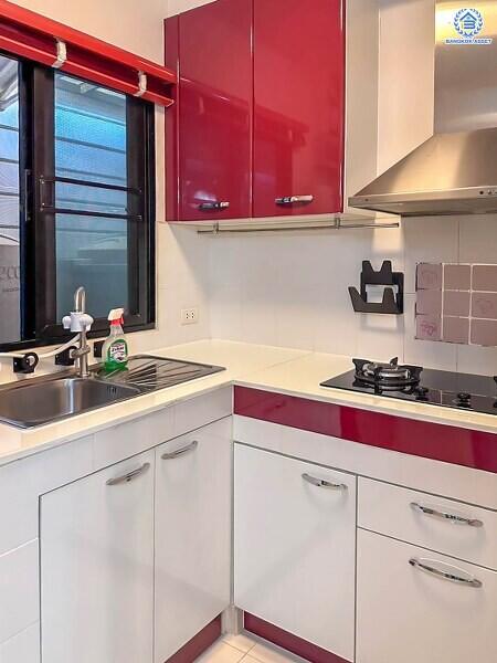 Modern kitchen interior with red cabinets and stainless steel appliances