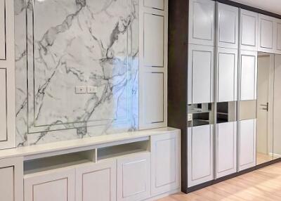 Modern kitchen with marble backsplash and white cabinetry