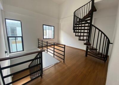 Bright staircase area with wooden floors and a black spiral staircase