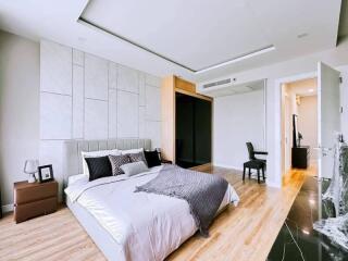 Modern bedroom with stylish interior design and en suite bathroom