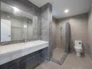 Modern bathroom with walk-in shower and large mirror