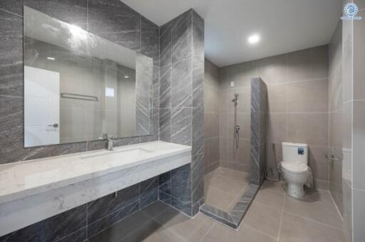 Modern bathroom with walk-in shower and large mirror