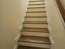 Light wooden staircase with white risers and handrail leading to upper floor