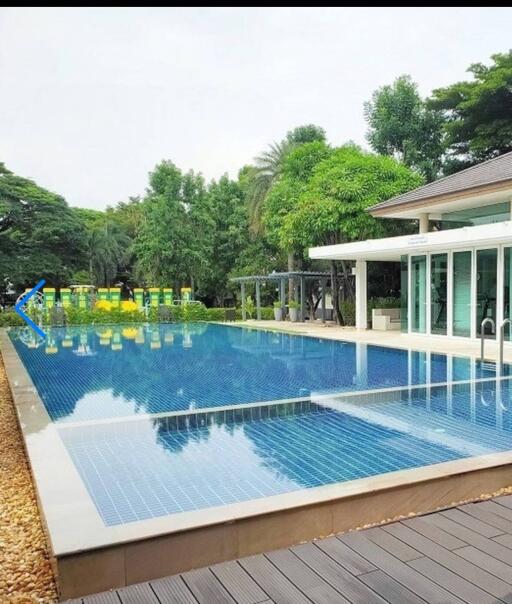 Elegant residential outdoor swimming pool with adjacent pool house amidst lush greenery