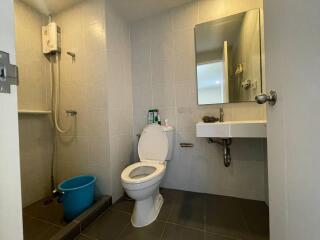 Modern bathroom interior with tiled walls