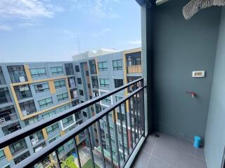 Spacious balcony with a view of the apartment complex