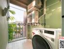 Compact balcony with laundry appliances and outdoor view