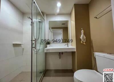 Modern bathroom interior with glass shower, white basin, and toilet