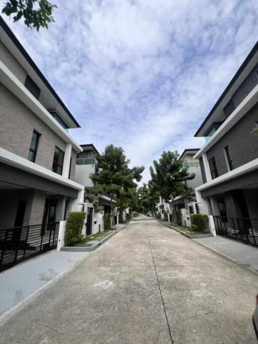 Row of modern townhouses with clear sky