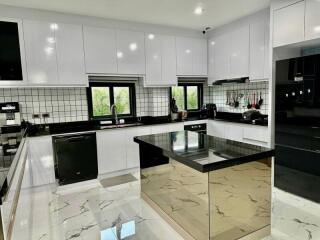 Modern kitchen with white cabinets, black countertops, and state-of-the-art appliances
