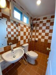 Compact bathroom with checkered wall tiling and modern fixtures
