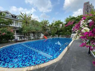 Residential outdoor swimming pool surrounded by flowers with buildings in the background