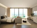 Modern bedroom with large windows and scenic view