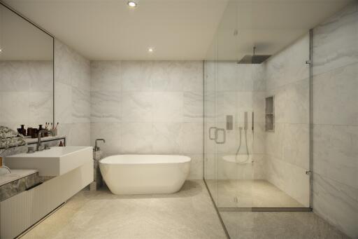 Modern bathroom with a freestanding tub and glass shower