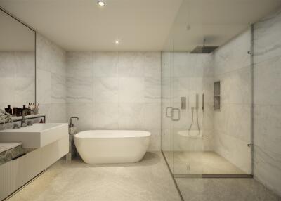 Modern bathroom with a freestanding tub and glass shower