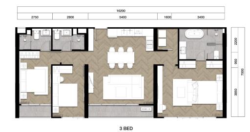 Architectural floor plan of a 3-bedroom apartment with dimensions
