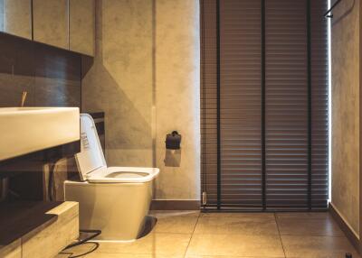 Modern bathroom with sleek design, featuring a wall-mounted toilet, large basin, and wooden accents