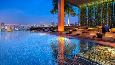 Luxurious rooftop infinity pool overlooking the city skyline at dusk