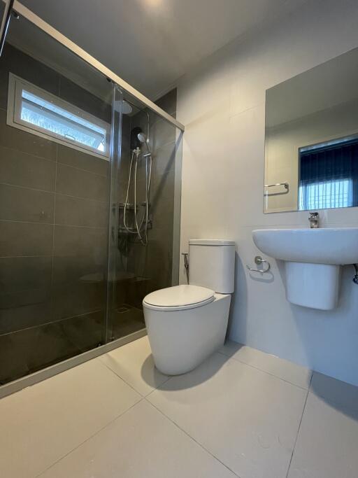 Modern bathroom interior with glass shower division