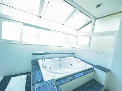 Spacious bathroom with jacuzzi under skylights