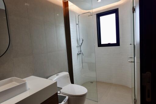 Modern bathroom interior with glass shower cabin