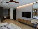 Modern bedroom interior with mounted television and wooden accents