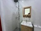 Modern bathroom with a walk-in shower, wall-mounted sink and toilet