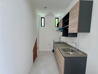 Modern kitchen with stainless steel sink and wooden cabinets