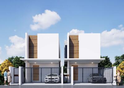 Modern duplex house with front yard, parking space, and clear skies