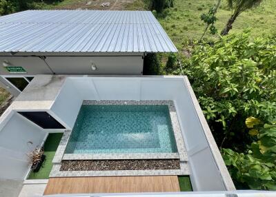 Aerial view of home outdoor area with swimming pool and greenery