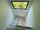 Modern staircase with glass railing and natural light