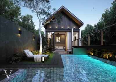 Modern house with pool at dusk