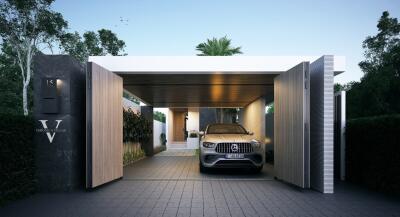 Modern house entrance with carport and luxury car