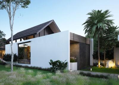 Modern exterior of a luxury house with garden lighting