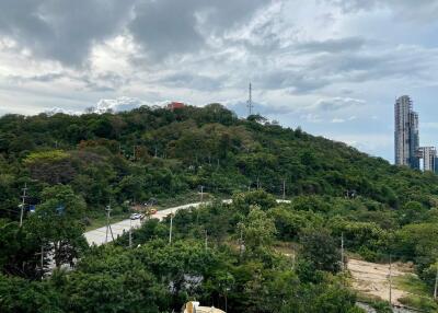 Scenic overlook of a lush green area with a cityscape in the background under cloudy skies