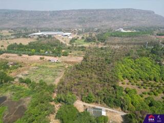 Aerial view of a vast landscape with a mix of vegetation, open fields, and buildings