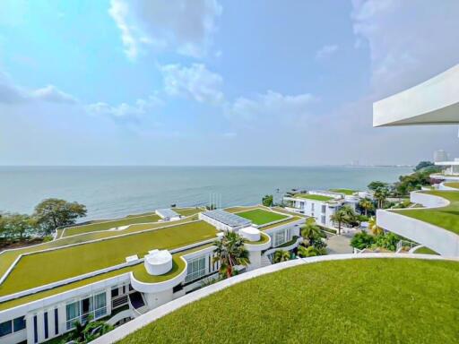 Expansive sea view from a green rooftop garden with modern design elements