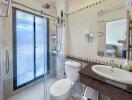 Modern bathroom with glass shower and vanity