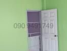 Empty bedroom with green walls and white door