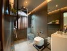 Modern bathroom interior with glass shower and elegant design