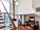 Modern double-height living room with large windows and city view