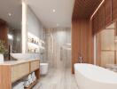 Spacious modern bathroom with freestanding bathtub, glass shower, and wooden accents