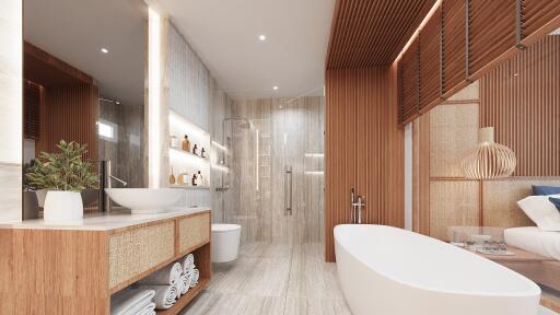 Spacious modern bathroom with freestanding bathtub, glass shower, and wooden accents