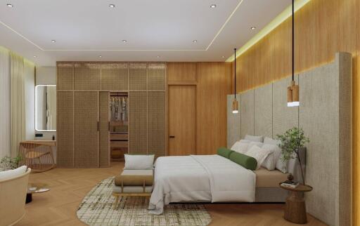Modern bedroom with wooden accents and minimalist design