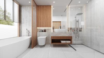 Modern spacious bathroom with wooden accents