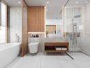 Modern spacious bathroom with wooden accents