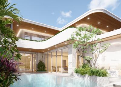 Modern house with a swimming pool and lush garden