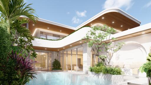 Modern house with a swimming pool and lush garden