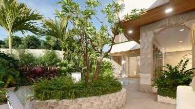 Lush garden in a residential property with plants and stone path