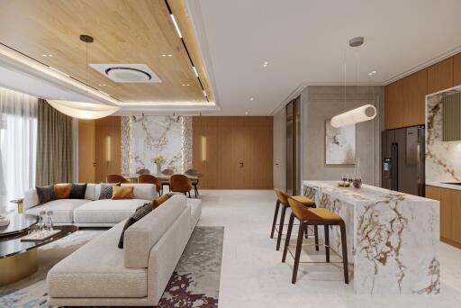 Spacious modern living room with integrated kitchen